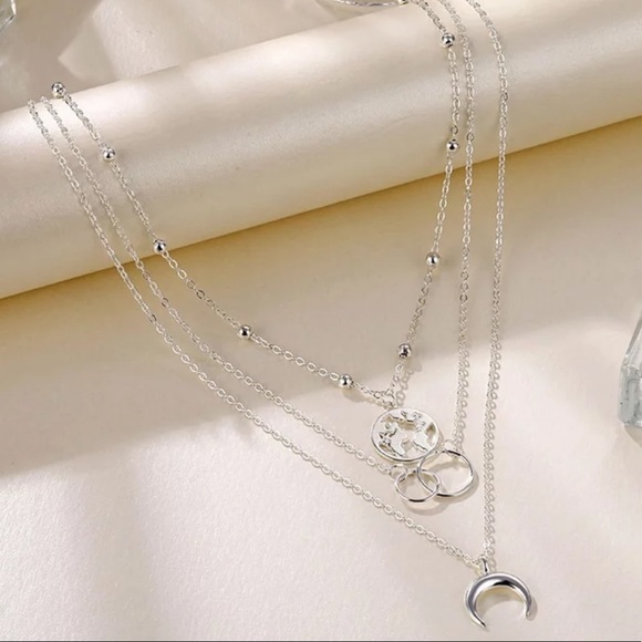Silver World & Moon Layered Necklace - Picture 1 of 5